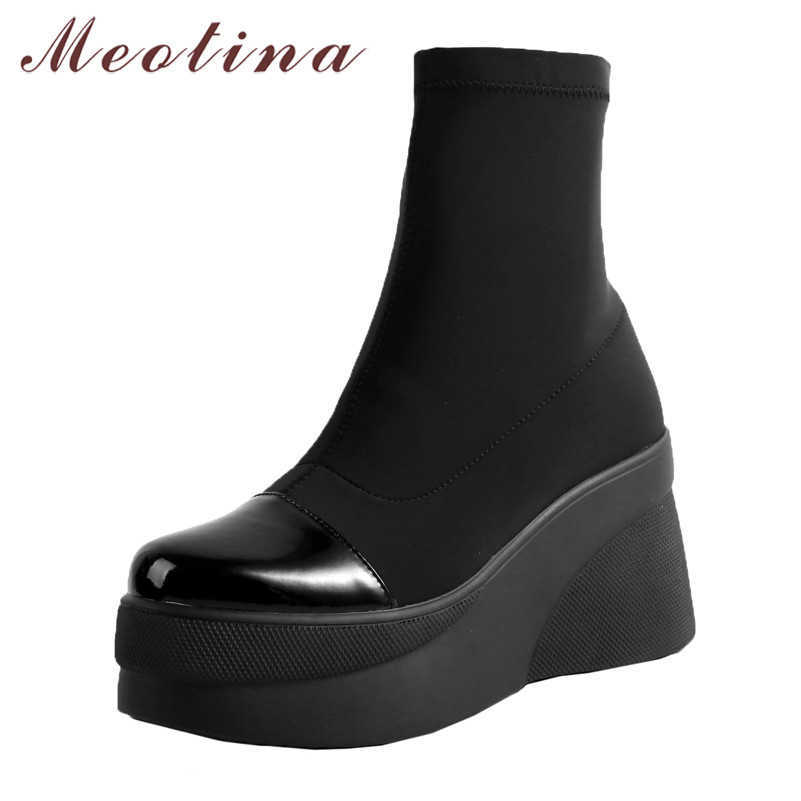 

Meotina Winter Ankle Boots Women Genuine Leather Platform Wedge High Heel Short Boots Round Toe Shoes Lady Autumn Size 34-39 210608, Black synthetic lini