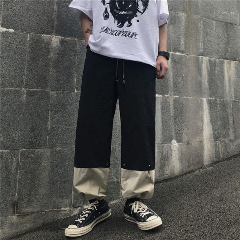 

Spring Drawstring Straight Pants Men's Fashion Contrast Color Casual Men Streetwear Wild Loose Hip Hop Trousers Mens, Black