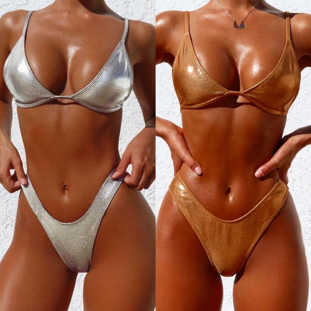 Women&#039;s Swimwear Tankinis PU Silver Bikini Women Designer Summer Beach Swim Bandage Bathing Suits Bras Briefs 2pcs-image-682226398