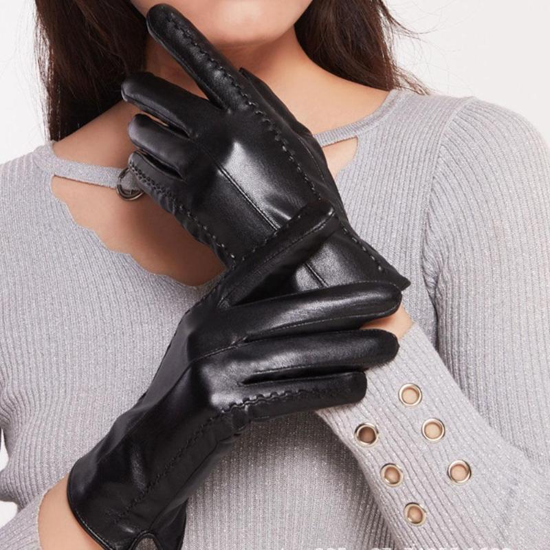 

Five Fingers Gloves Women Black Winter Mittens Keep Warm Screen Driving Windproof PU Autumn Guantes Leather Business T1A2