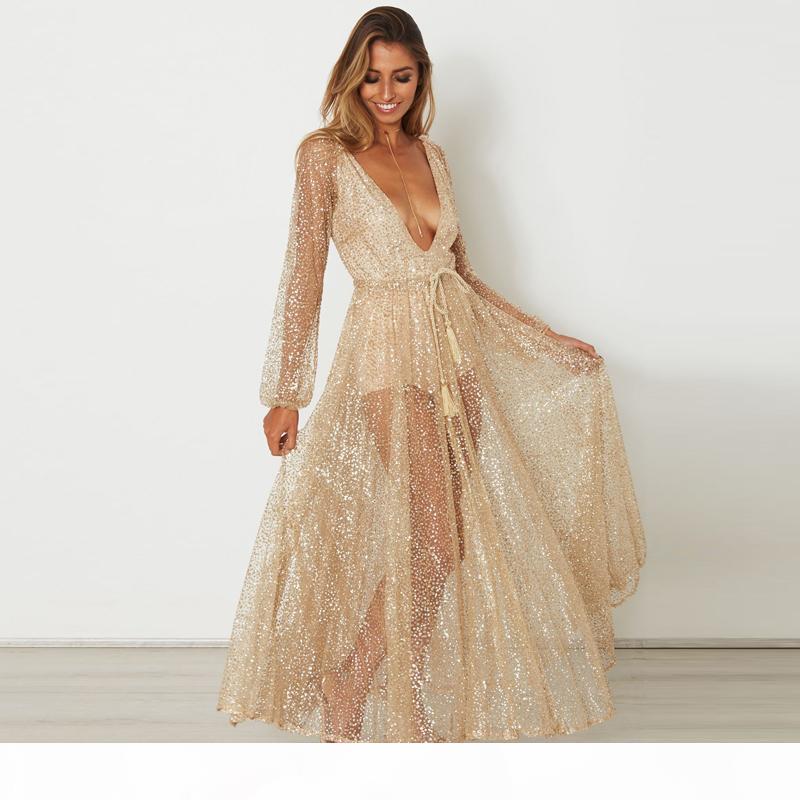 

Long Gold Transaparent Tunic Robe Dress Evening Party Formal Wear Long Sleeve Dress Deep V Neck transparent long evening club dress, White;black