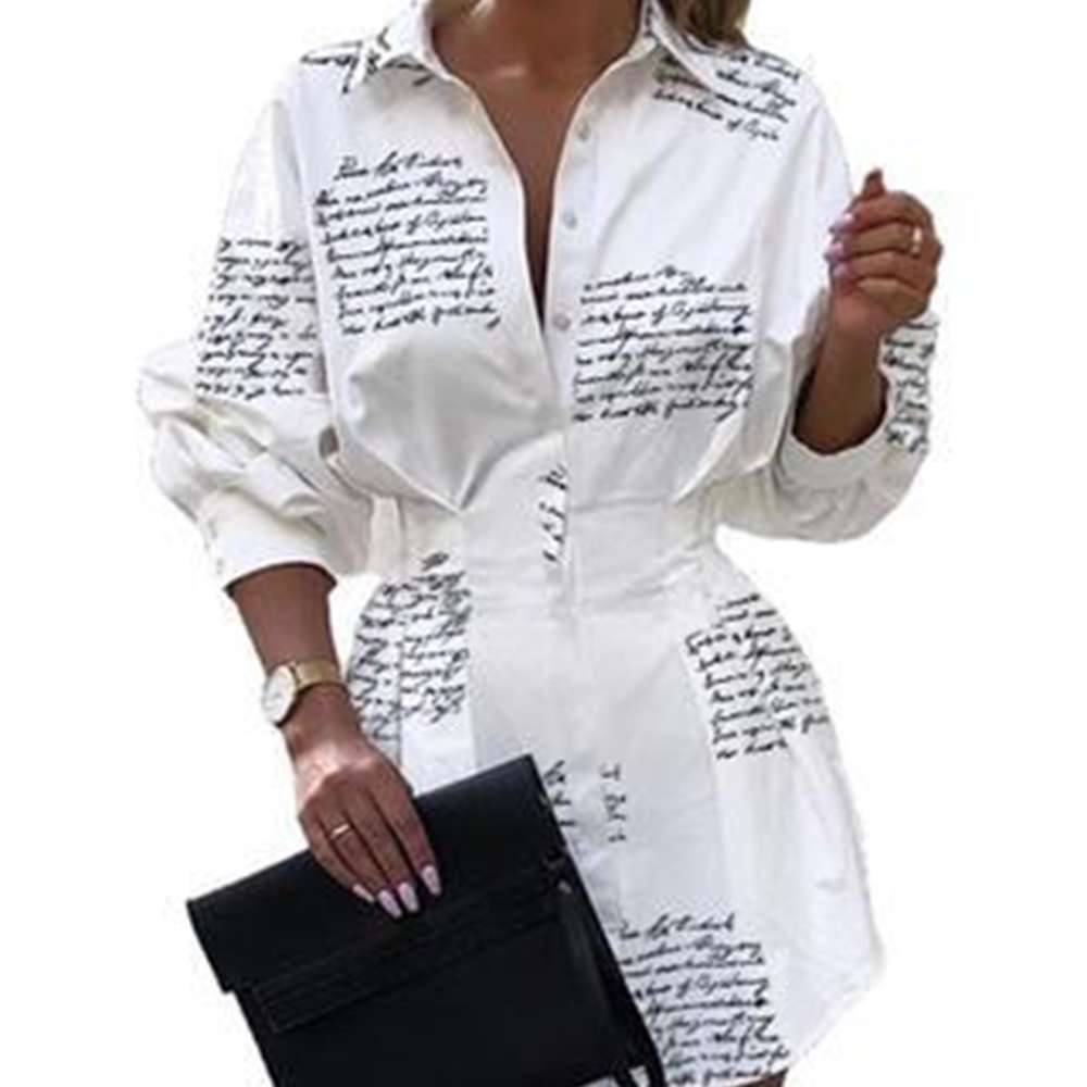 

Luxury Sexy Turn-Down Collar Button Shirt Dress Women Autumn Letter Print Long Sleeve Mini Elegant Ladies Office, White