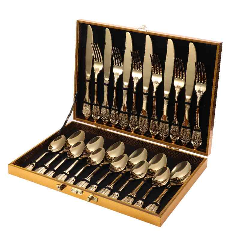 

24 piece of European Court gold plated carved 304 stainless steel tableware hotel steak knife and fork set gift box