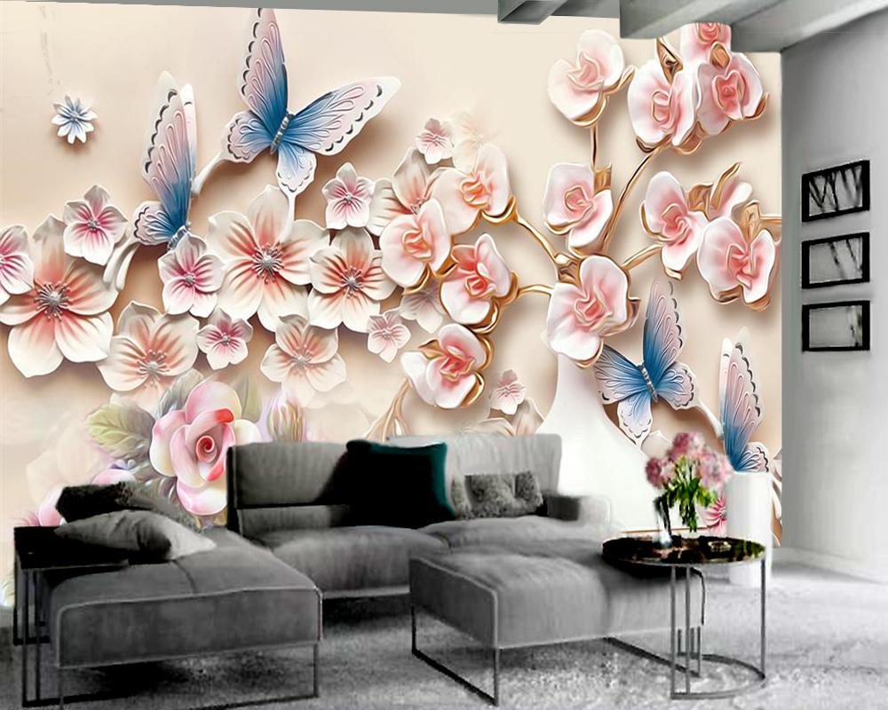 

Modern Floral 3d Wallpaper Vase Embossed Flower Butterfly Romantic Decorative Silk Beautiful Wallpapers, As pic