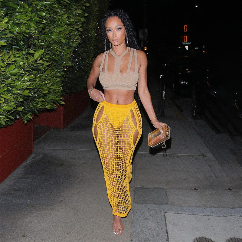 

Knitted Plaid Skirt Women Sexy Hollow Out Summer Dress Low Waist See Through Side Spilt Robe Unique Female Clothing, Black