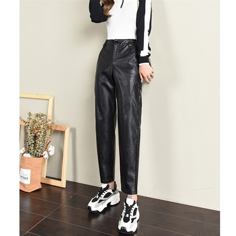

Spring Brand Women PU Leather Pants High Waist Ladies Trousers Winter Harem Pantalon 210520, Black