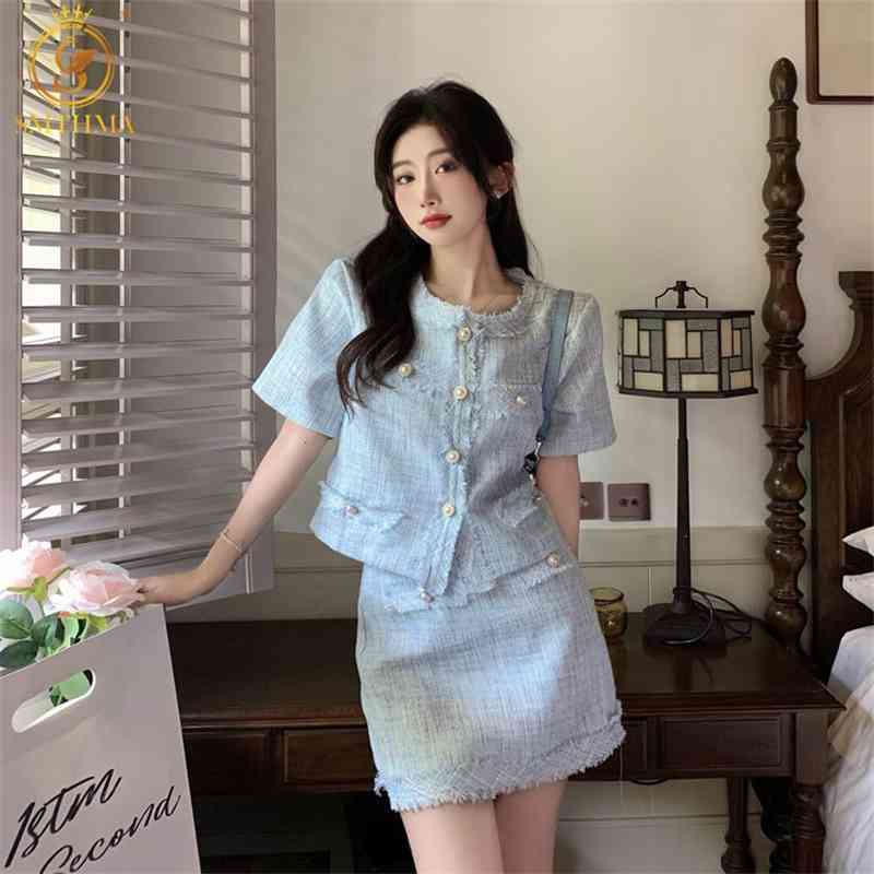 

High Quality Korean Elegant Fashion Skirt Suits Tweed 2 Piece Set Women Short Sleeve Jacket Coat Waist Two Outfits 210520, Photo color