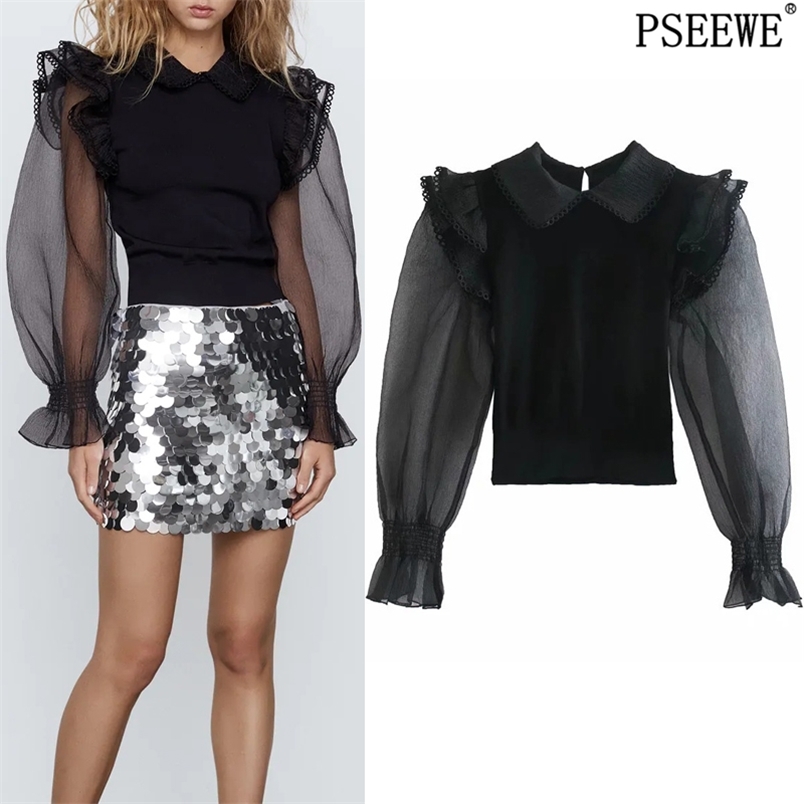 

Sweater Women Organ Patchwork Black Knit Woman Ruffle See Through Long Sleeve Cropped s Pullovers Top 210519