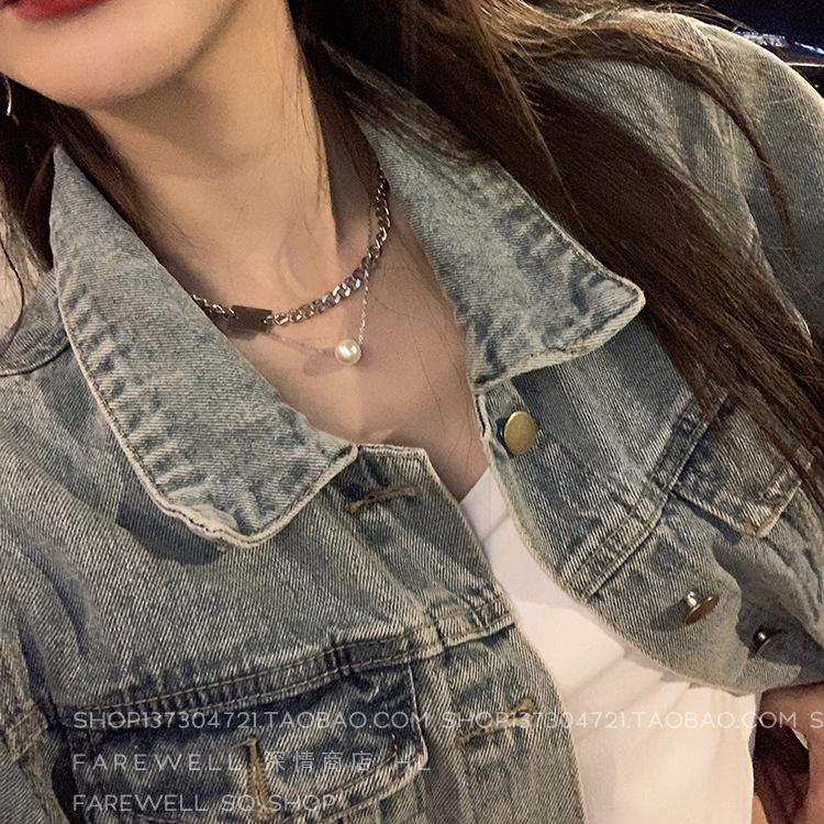 Pendant Necklaces Titanium Steel Necklace With Cool Wind And Pearl Double Layer Korean Hip Hop Clavicle Chain-image-711802575