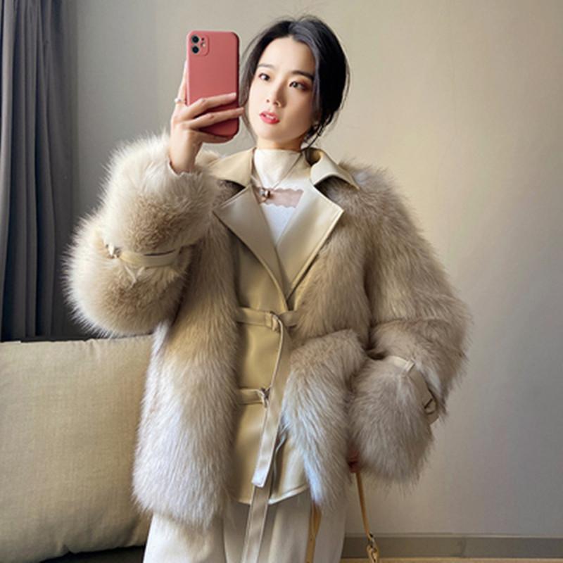 

Women's Fur & Faux Turn-down Collar Zipper Pocket Fake Leather Coat Winter 2022 Style Young Plush Women Outwear XF687, Black