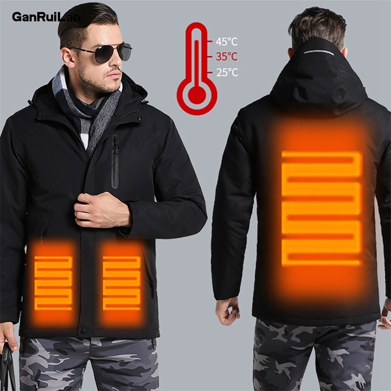 

Men Winter Thick USB Heating Cotton Jacket Waterproof Windbreaker Hooded Winter Coat Thick Warm Mens Winter Jacket B0810 210518, Brown color
