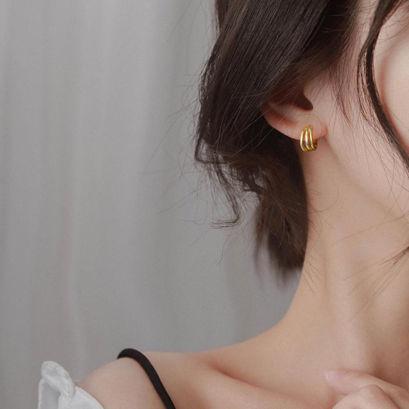 

Stud S925 Sterling Silver-Plated European And American Style Simple Temperament Three-Circle Ring All-Match Earrings, Golden;silver