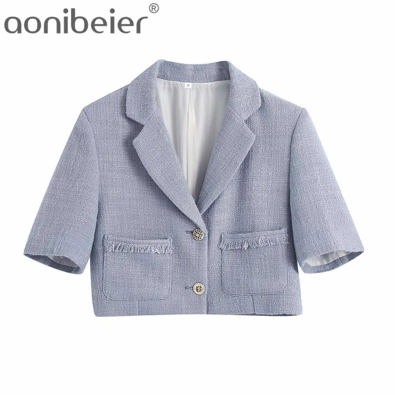 

Grey Summer Office Lady Casual Suit Jacket Fashion Short Sleeve Notched Collar Single Breasted Women Cropped Blazers 210604, Skirts