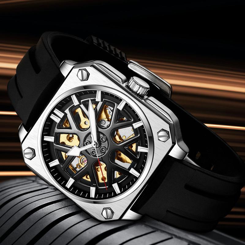 

Wristwatches BIDEN Fashion Automatic Mechanical Man's Waterproof Wheel Shape Silicone Strap Watch Men, No.3