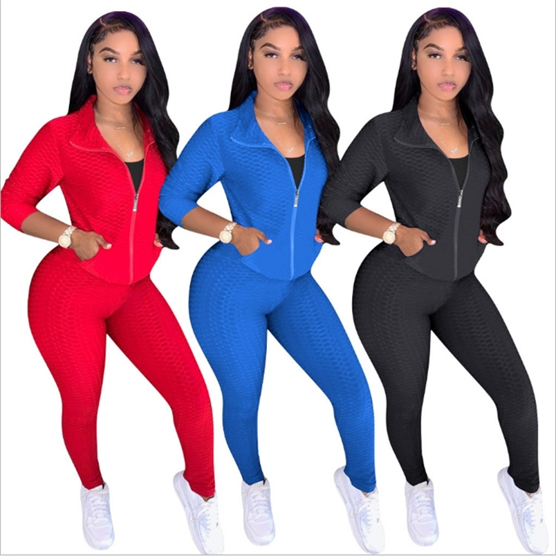 

Survetement Femme Ensemble 2 Pieces Fashion Stand Collar Zipper Pocket Tops+Skinny Pencil Pants Blue Tracksuits Jogging 210604, Red