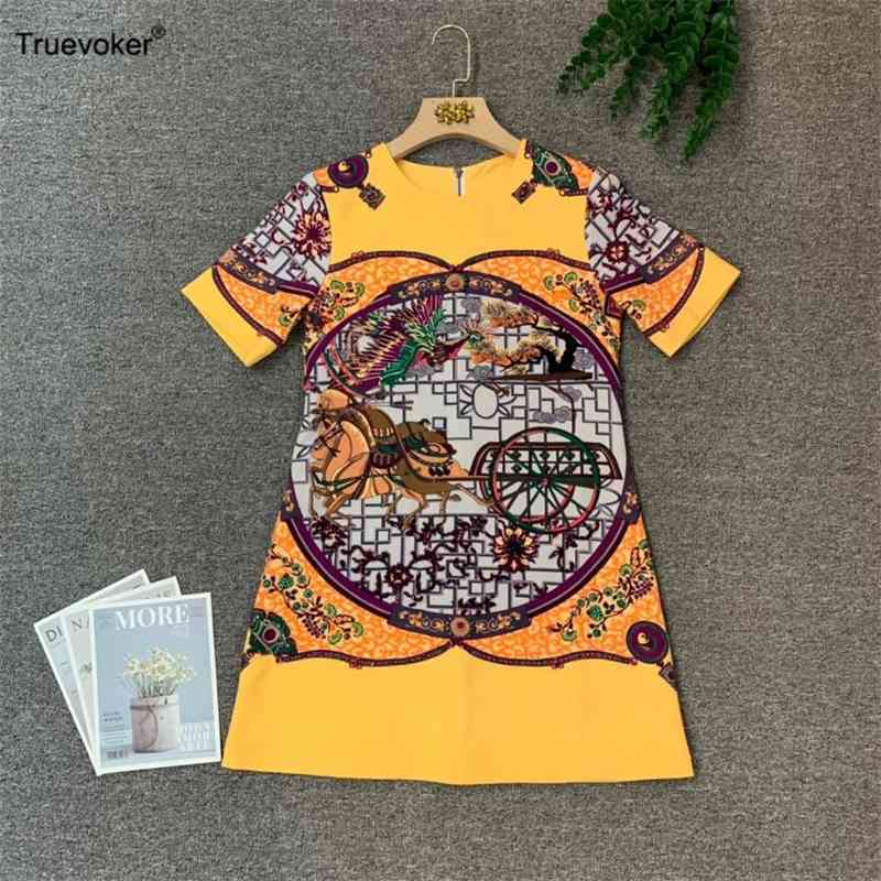 

Truevoker Women High Street Runway Designer Dress Beading Lady Short Sleeve Totem Print Diamond Robe Mujer Festa Vestido 210602, Multi
