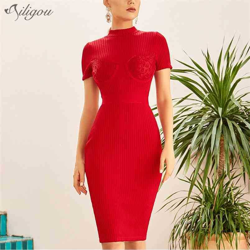 

Summer/Summer Women's Short Sleeve Bodycon Bandage Dress Sexy Red Lace Knee Length Club Celebrity Runway Party 210525, Red bandage dress