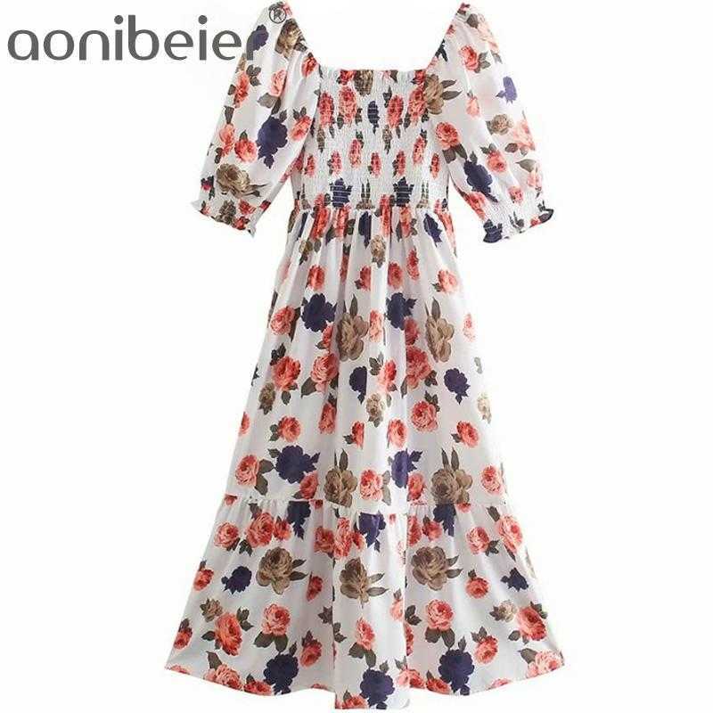 

Flowers Print Summer Casual Beach Boho Dress Fashion Puff Sleeve Shirred Body High Waist Ruffles Hem Women Midi 210604, 01