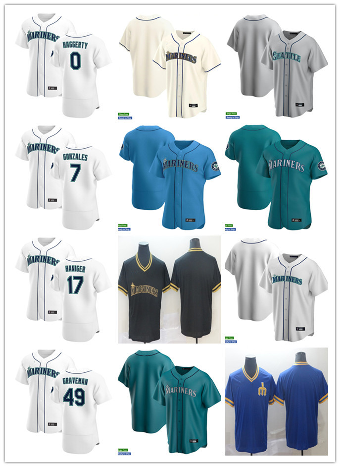 

Men Women Youth Seattle Mariners 7 Marco Gonzales 49 Kendall Graveman 0 Sam Haggerty 17 Mitch Haniger Custom Baseball Jersey, Blue;black