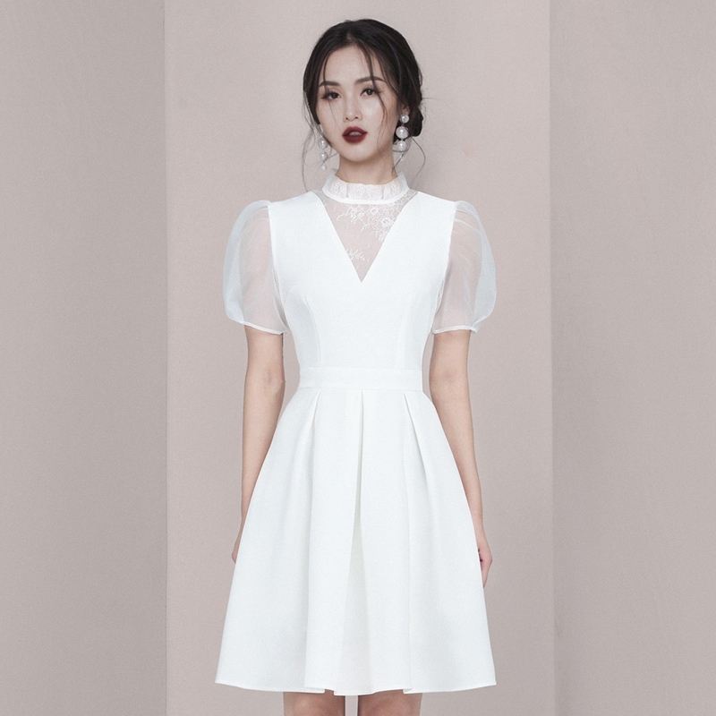 

Fashion Office Lady Runway Dress Mesh Puff Sleeves Lace Patchwork Women White Mini Vestoidos 210520, Photo color