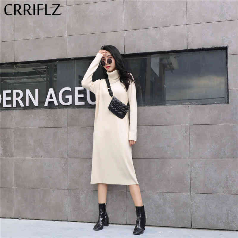 

Autumn Winter Turtleneck Knittd Dresss Women Loose Full Sleeve Thick Solid Casual Straight Dress CRRIFLZ 210520, Blue