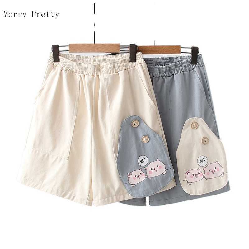 

Women Hight Waist Cotton Shorts Cartoon Print Appliques Casual Summer Sweet Style Ladies Basic Kawaii Cute Bottoms 210526, Blue