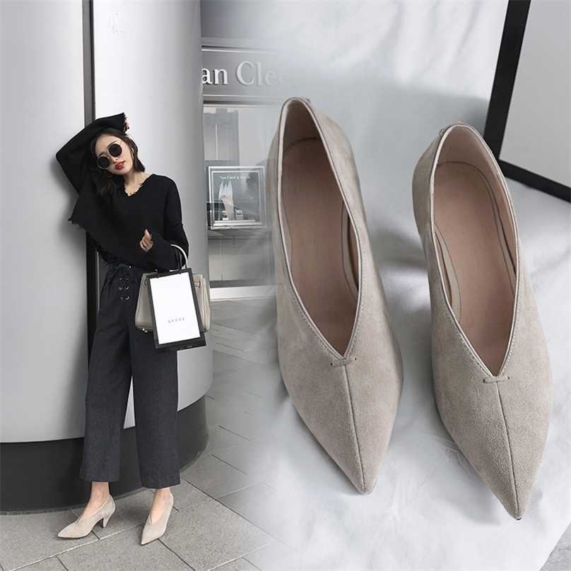 

women Genuine Leather shoes plus size 22-26.5cm Sheep suede pumps Shallow mouth single high heels 7.5cm 211029, Grey