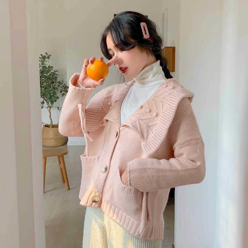 

Women's sweater slim retro gentle and sweet cute lotus leaf cardigan flower collar wool autumn 210526, Pink