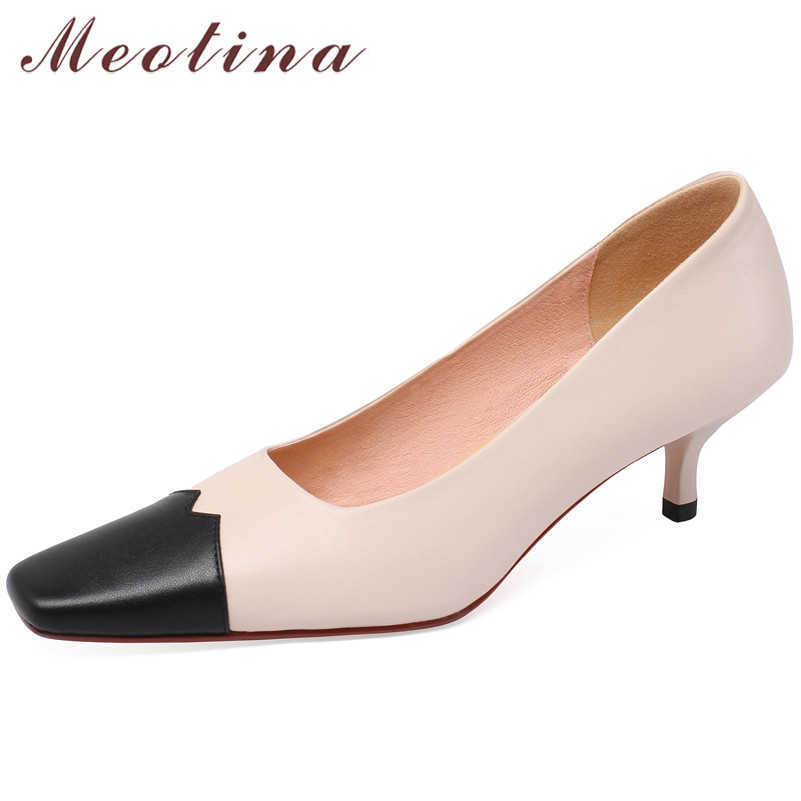 

Meotina Square Toe Med Heels Natural Genuine Leather Women Shoes Thin Heel Pumps Dress Ladies Footwear Spring Beige Big Size 40 210608