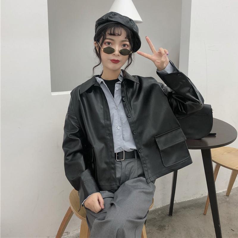 

Women's Leather & Faux 2021 Autumn Japanese Style Retro Korean Version Of Loose Casual Pocket Jacket PU Coat Female, Black