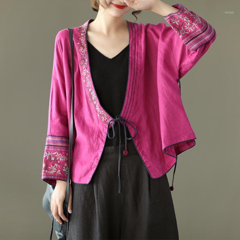 

Women's Jackets Johnature Women Linen Short Coat Embroidery Belt V-Neck Long Sleeve Solid Color Clothing 2021 Autumn Loose Vintage Coats, Purple