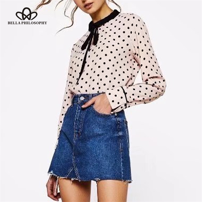 

spring women casual polka dot o neck shirt bow lace up fashion ladies blouse slim basic top 210519, White