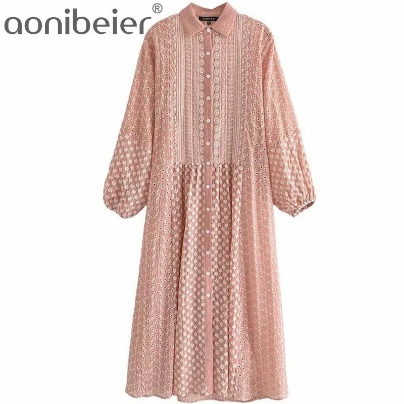 

Fashion Embroidered Hollow Out Women Casual Shirt Dress Summer Single Breasted Long Sleeve A-Line Midi Female 210604, 01