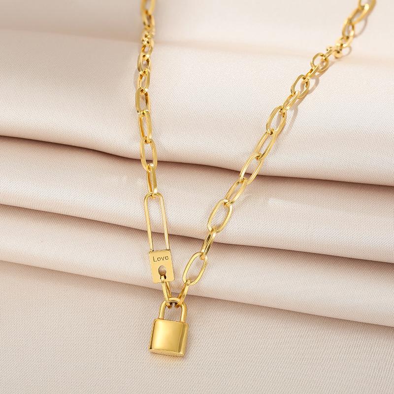 

Female 316L Stainless Steel Gold Color Lock Necklaces Fashion Simple Chain Choker Party Jewelry Collier Pendant