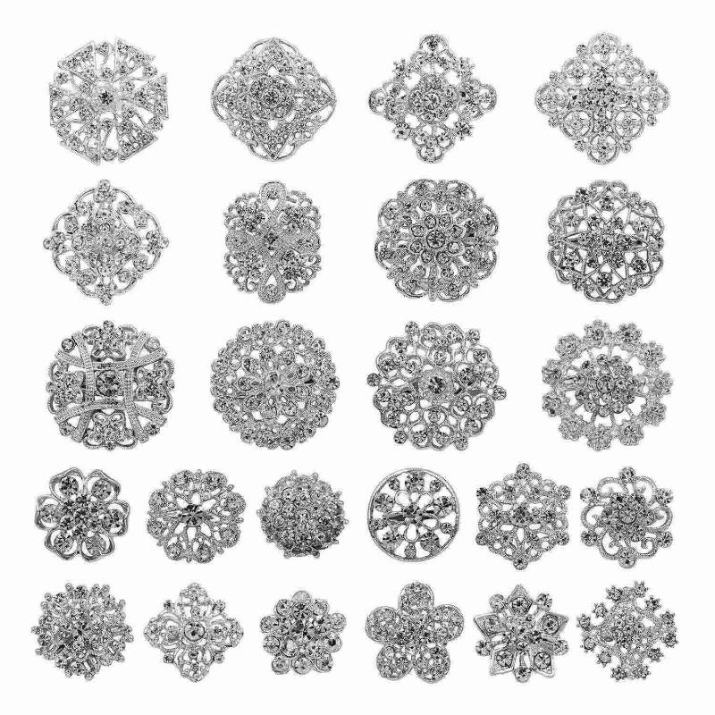 

Pins, Brooches 24pc Clear Rhinestone Crystal Flower Pins Set DIY Wedding Bouquet Broaches Kit, Gray