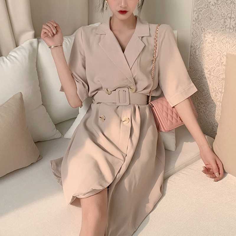 

Blazer Dres French Vintage Mini Elegant Office Lady Female Casual Sashes Korean Style Clothes 210604, Apricot dress