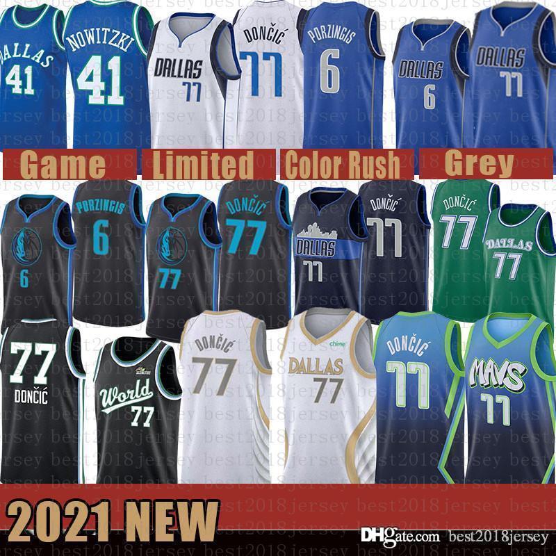 

2021 New Basketball Jersey Dallas Mavericks Mens Luka Kristaps 6 Porzingis 77 Doncic Dirk 41 Nowitzki Mesh Retro Brown, Black;red