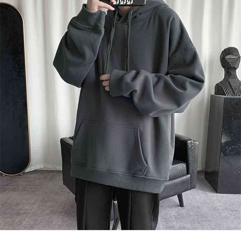 

HybSkr Korean Men's Solid Color Hoodies Casual Hooded Pullovers Hoodie Warm Fleece Male Loose Sweatshirts Man Clothing 210720, Black