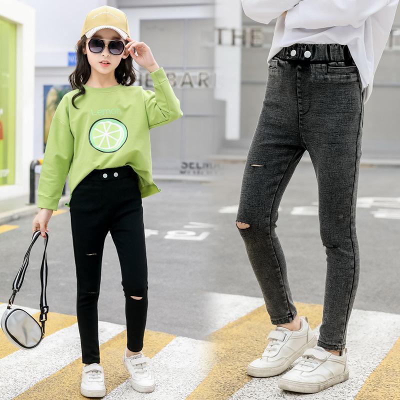 

Jeans Kids/ripped For Girls 2021 Autumn Elastic/children's Skinny Black Ripped School Denim Pant With Hole 8 9 10 12, Black girl jeans