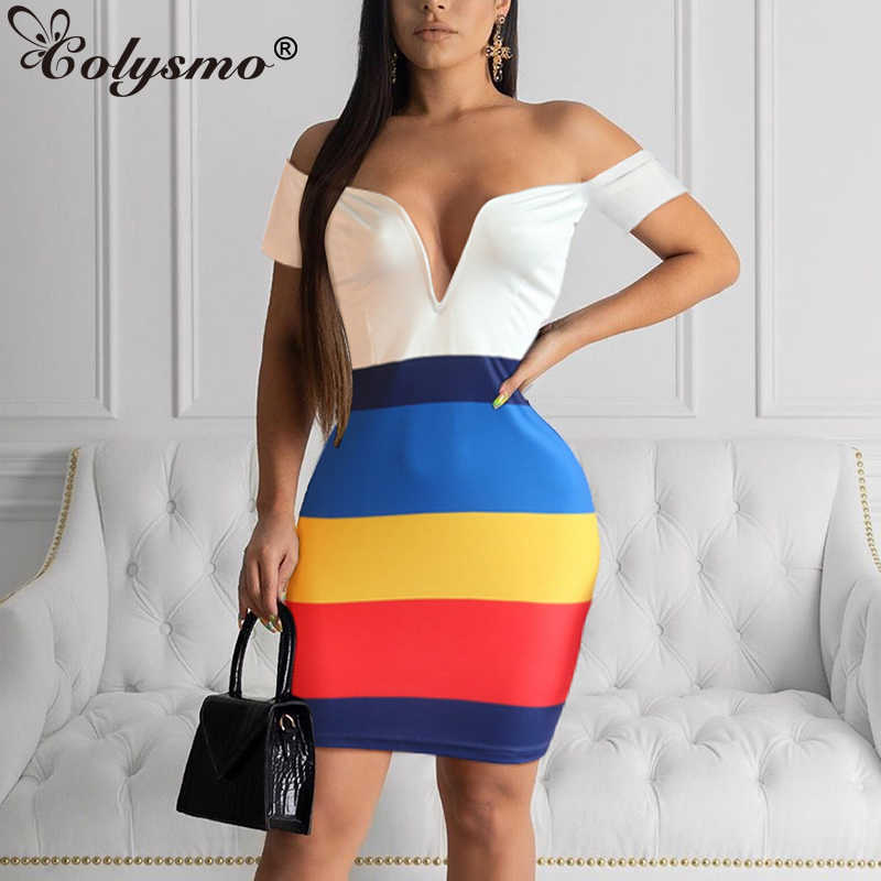 

Colysmo Summer Dress Woman Party Night Deep V-Neck Off Shoulder Sexy Stripe Slim Fit Bodyocn Club es Vestidos 210527, Shriped
