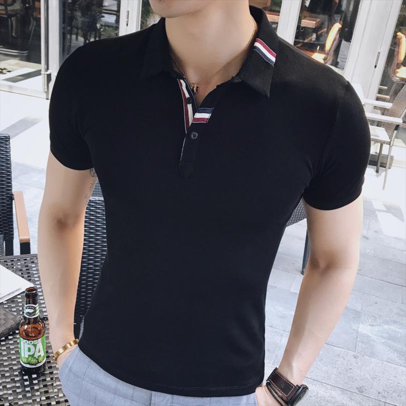 

casual homme streetwear 3xl mens polo fashion summer shirt slim fit short sleeve, White;black