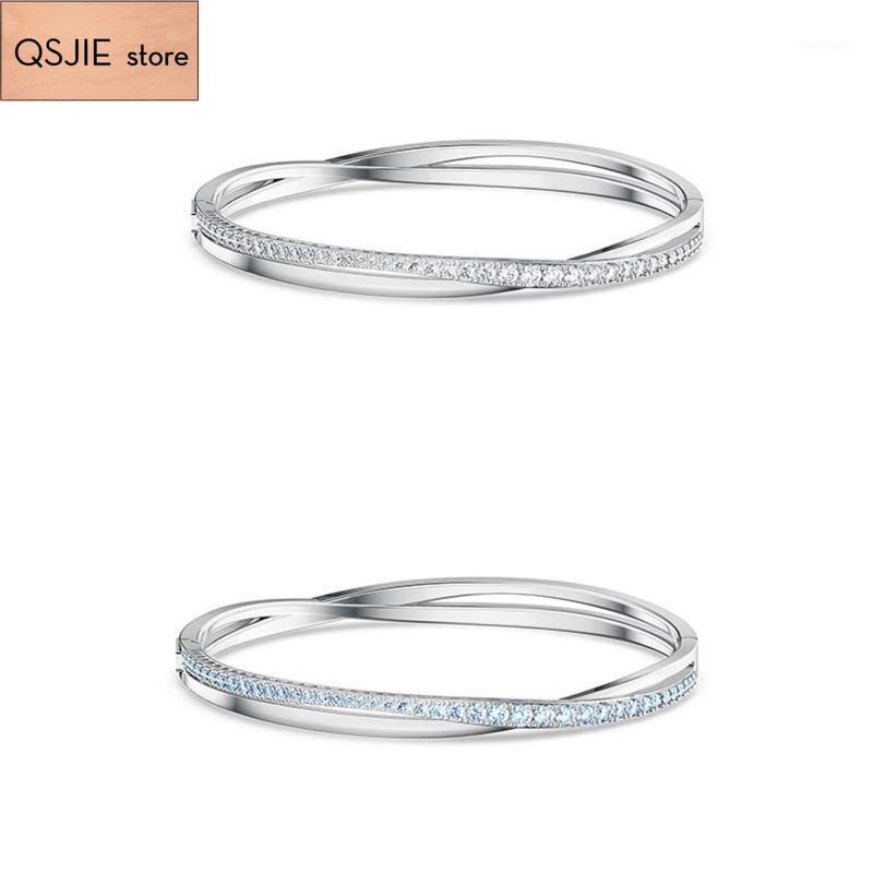 High Quality SWA,2021 Fashion Jewelry Simple Charm Curve Interlaced Blue Crystal Bracelet Women Spiral Twist Bangle-image-744335775