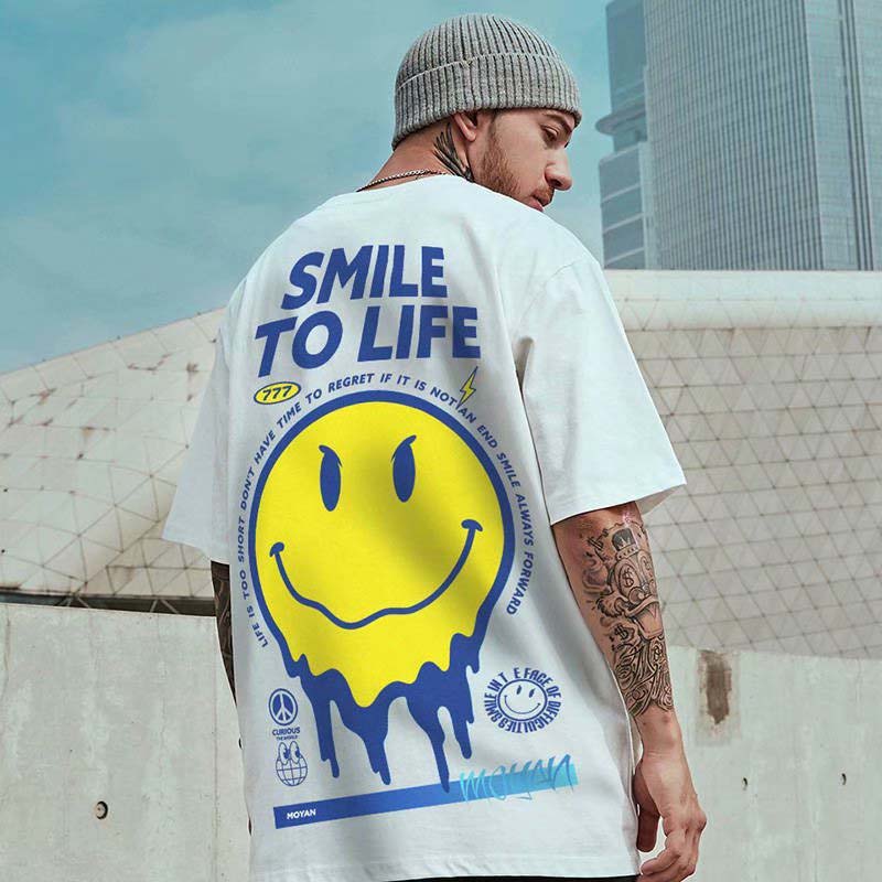

4XL T-shirts Men Summer T-shirt Print Smile to Life Smiling Face Cute Clothes Couple Tops Graphic Tees