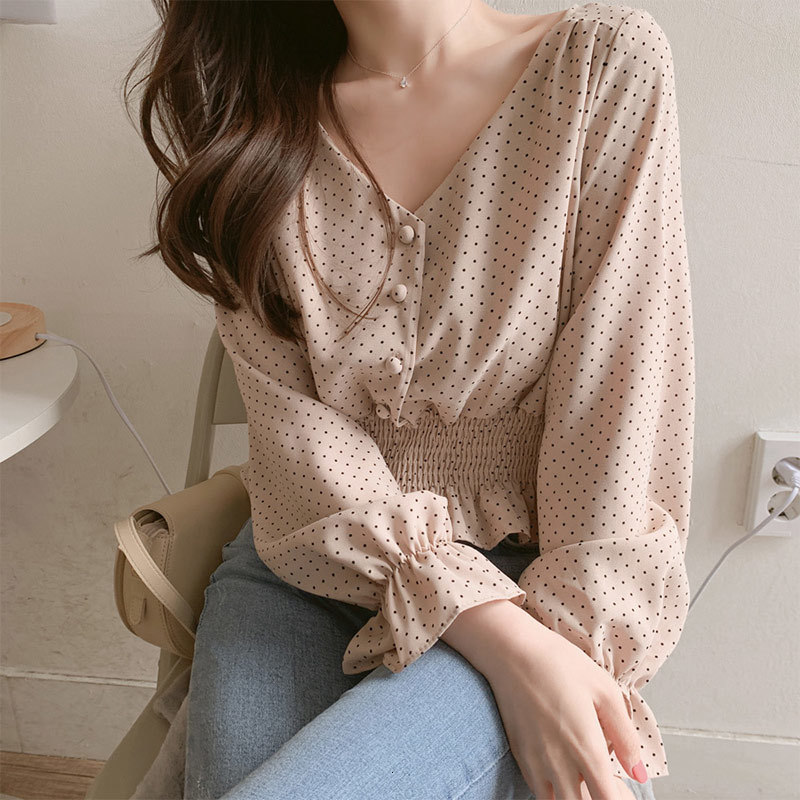 

Women' Blouses & Shirts Women Shirt Vintage V-neck Flare Sleeve Polka Dot Elegant Front Buttons Slim Waist Ruffles Summer Female, Gray