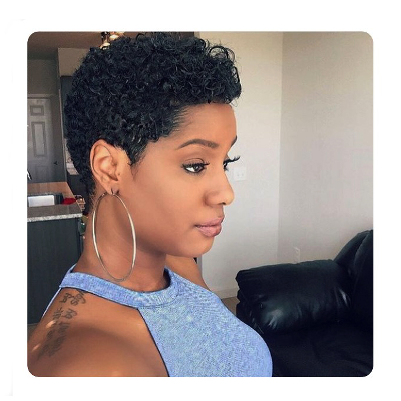 

African Americ soft brazilian short Pixie cut Curl full Wigs Simulation Human Hair kinky Curly Wig for laides, Black