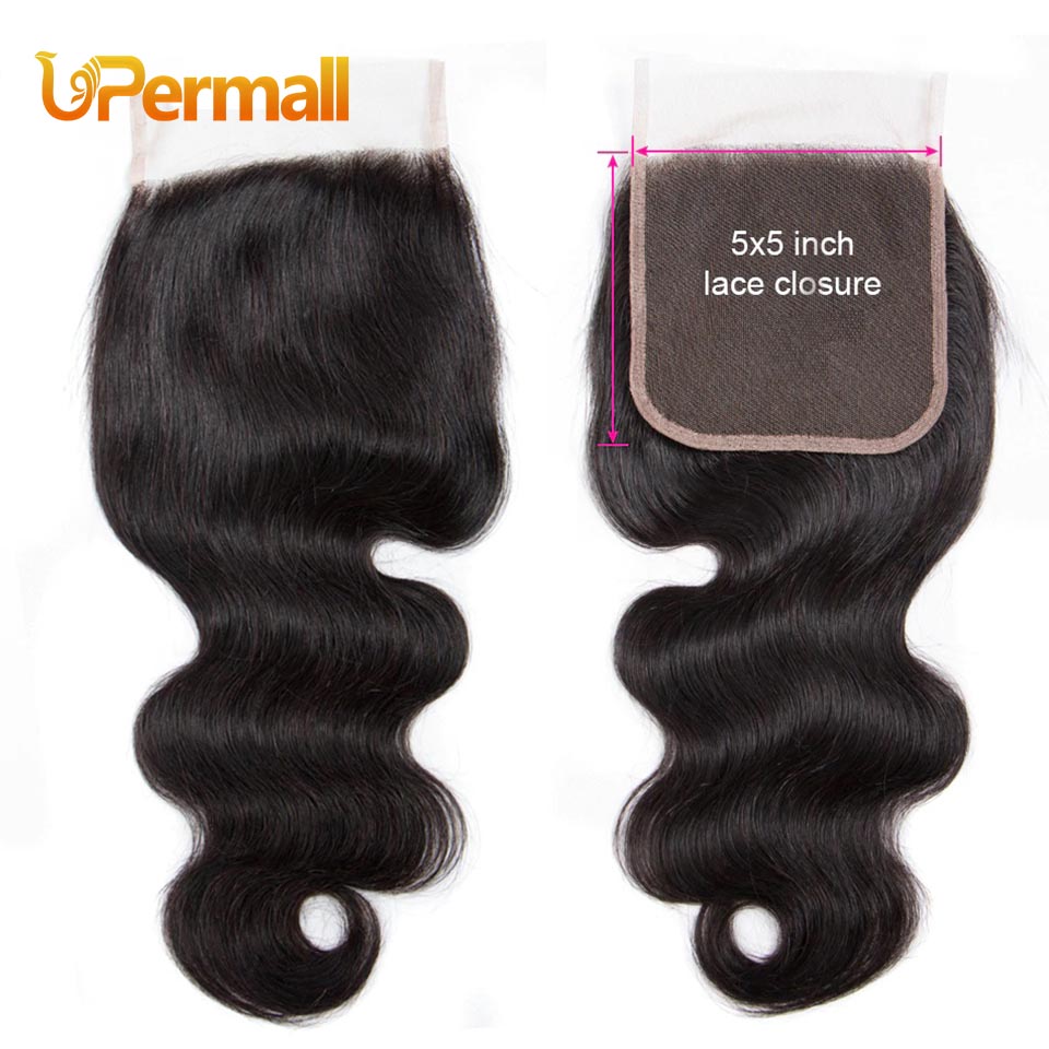 

Upermall Virgin Brazilian Transparent Swiss Lace Closure 5x5 Body Wave Human Hair Free / Middle / Three Part 12 14 16 18 20 22 24 Inch