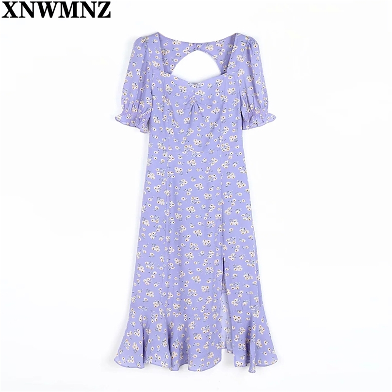 

Violet Backless Long Party Dress Women Short Puff Sleeve Elegant Slim Summer women' French Style Split es 210520, Lavender