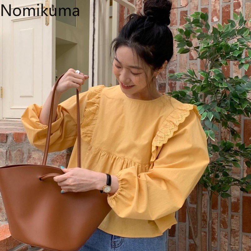 Nomikuma Vintage Hollow-out Lace Ruffle Woman Shirts Korean Puff Sleeve O-neck Blouse Causal New Pullover Tops Blusa 6G793 210427