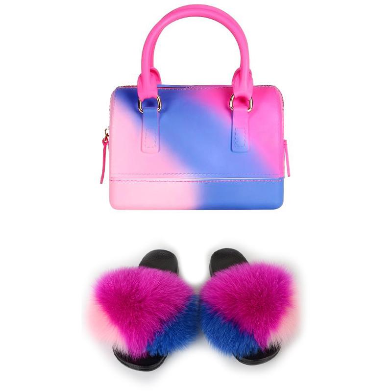 

Furry Falts Slippers And Purse Sets Fluffy Sandals With Jelly Bags Real Fur Comfortable Slides Handbags Women Shoes, As shown