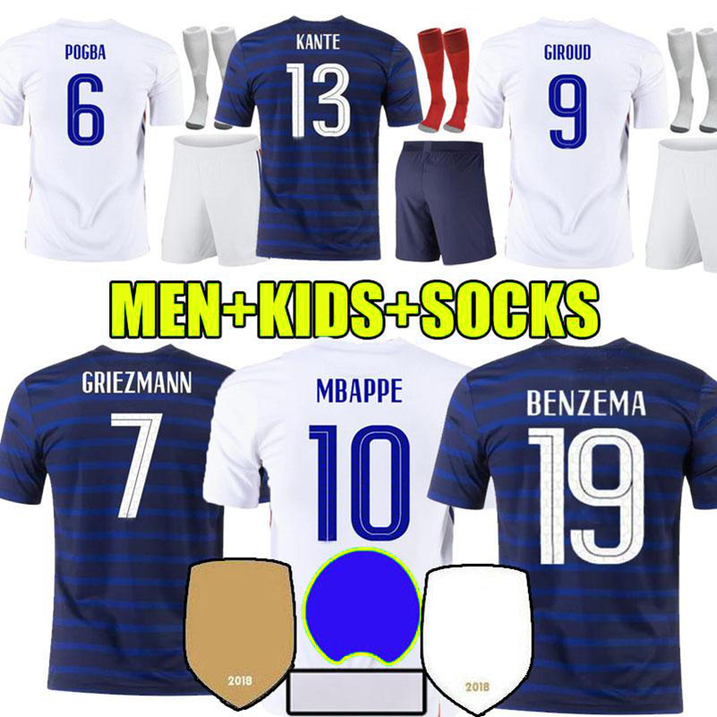 

France national team soccer jersey Maillot de foot equipe football shirt POGBA BENZEMA MBAPPE FEKIR GRIEZMANN PAVARD GIROUD uniforms la 2021 men + kids kit sets socks, Kids home+socks